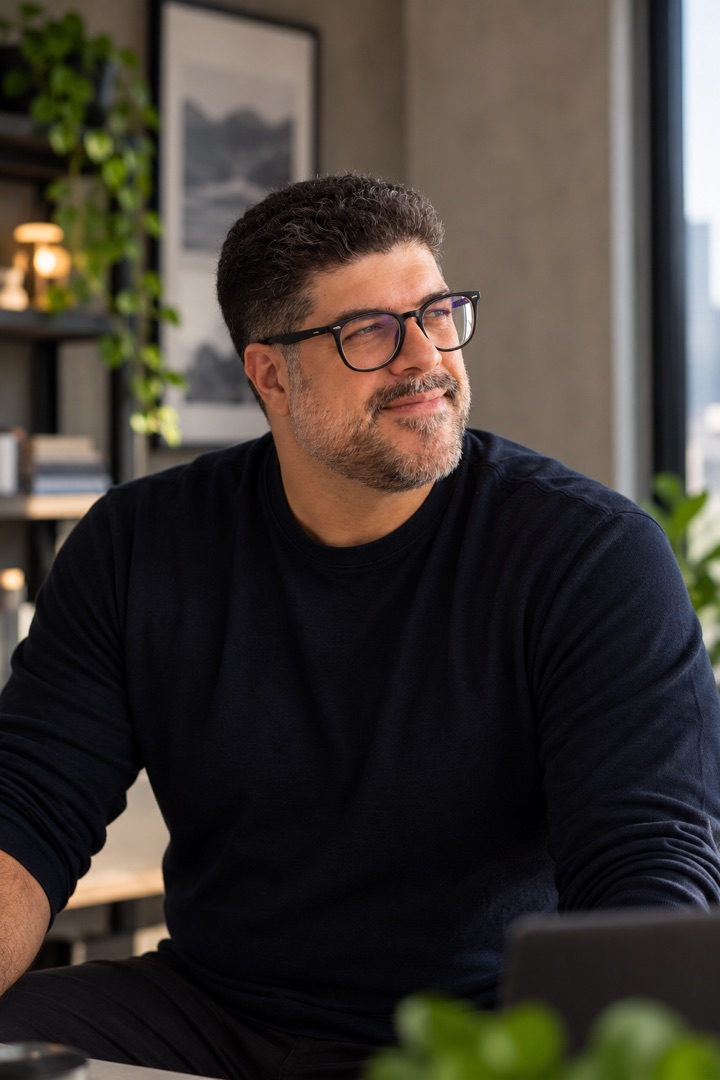 André Finageiv at his desk, smiling and looking toward the window, in glasses and a navy sweater