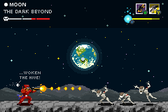 2015: the Photoshop screen. The Titan fires at three Thrall on the Moon, Earth overhead, a HUD across the top.