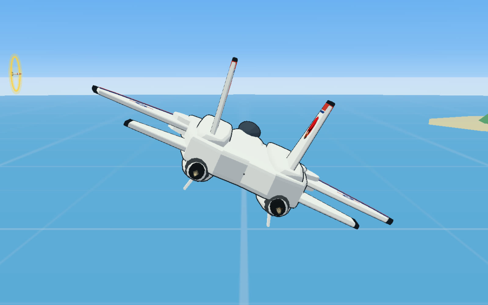 Cel look: the original hand-built jet in flat toon colour over a gridded sea.