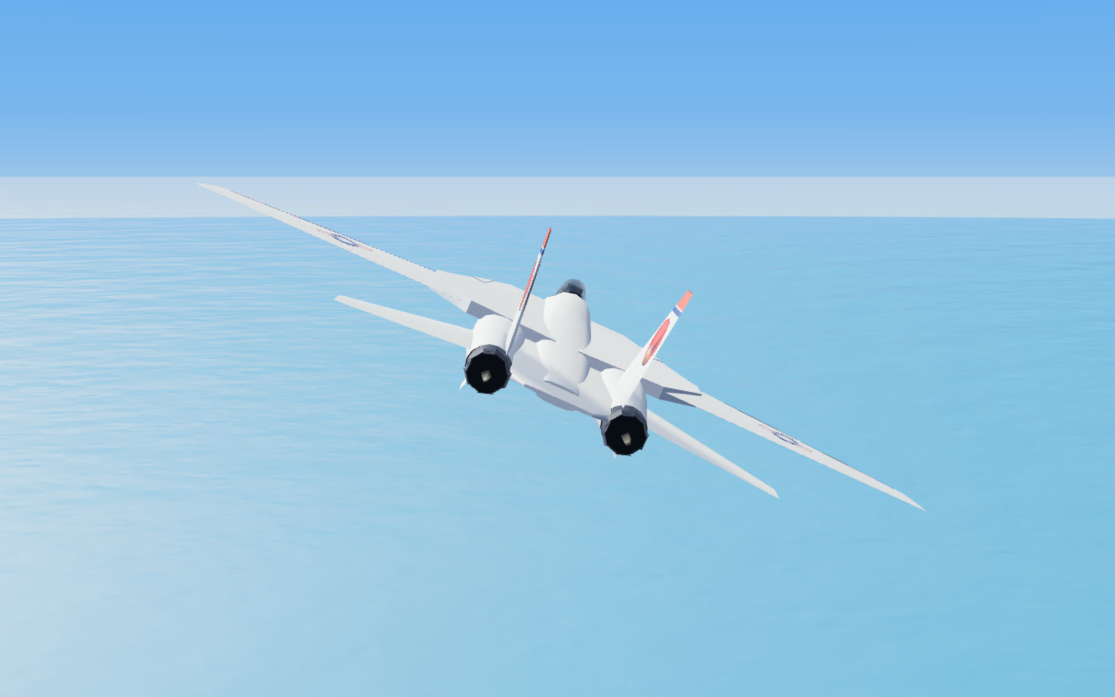 Lit look: the rebuilt F-14 over a lit sea, wings swept.